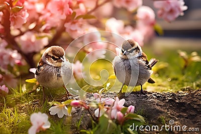 Small funny sparrow chicks sit in the garden surrounded by pink Apple blossoms on a sunny day Stock Photo