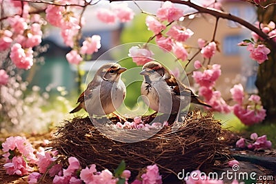 Small funny sparrow chicks sit in the garden surrounded by pink Apple blossoms on a sunny day Stock Photo