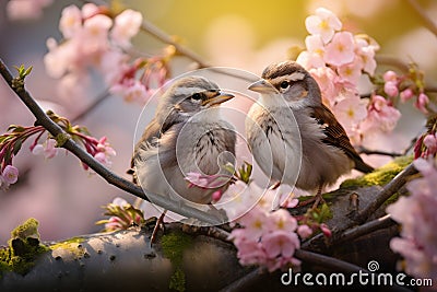 Small funny sparrow chicks sit in the garden surrounded by pink Apple blossoms on a sunny day Stock Photo