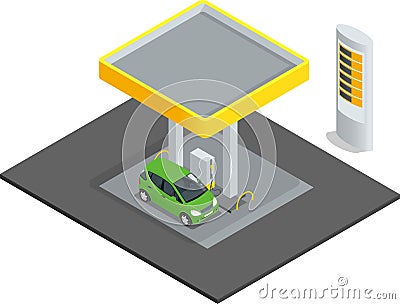 Small gas station. Gas petroleum petrol refill station cars. Flat 3d web isometric infographic concept vector. Refilling Vector Illustration