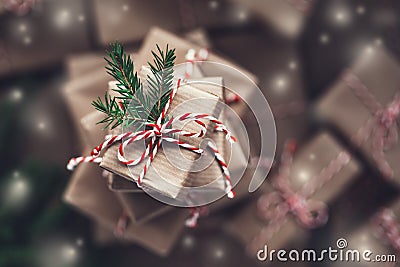 Small gift box on top of a pile of gift boxes. Stock Photo