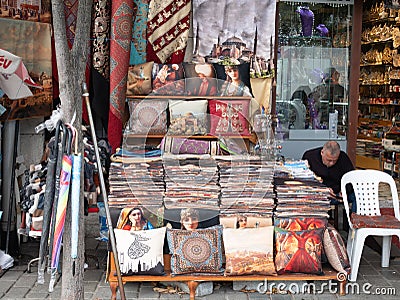 Small gift shop with authentic Turkish pillows cushions at Istanbul street Editorial Stock Photo