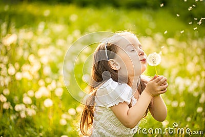 Small girl blowing dandelion Stock Photo