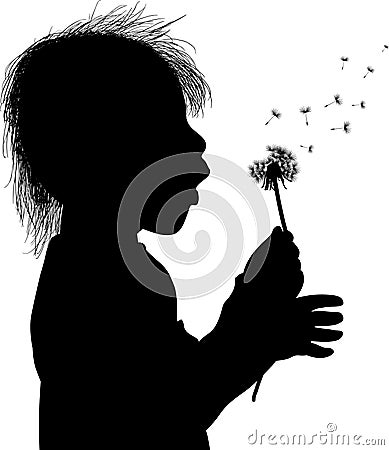 Small girl blowing on dandelion isolated on white Vector Illustration