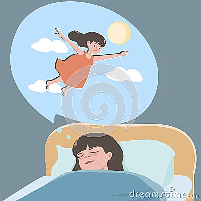 Small girl dreaming about flight Vector Illustration