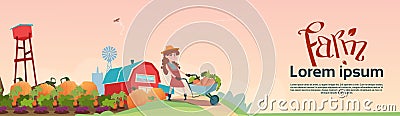 Small Girl Farmers Daughter Hold Trolley With Vegetables Harvest Vector Illustration