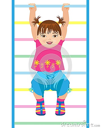 Small girl hanging on gymnastic ladder Vector Illustration