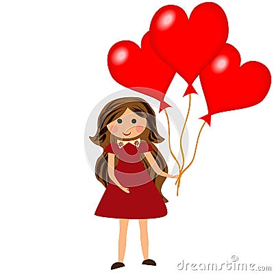 Small girl with heart shaped balloon. Beautiful girl character with red balloon isolated on white background. Vector Illustration