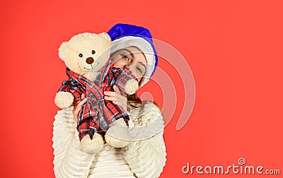 Small girl hold teddy bear toy. Kid little girl play toy teddy bear. Simple happiness. Happy childhood. Toys shop. Cute Stock Photo