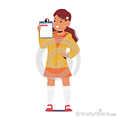 Small Girl Proudly Holds A Nameplate, Little Child Character with a Charming Smile Introduces or Greets Somebody Vector Illustration