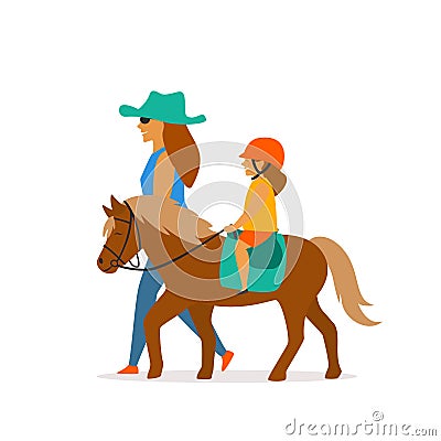 Small girl riding pony Vector Illustration