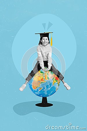 Small girl school girl sitting on big globe globus ball favorite subject geography lesson isolated painted colored blue Stock Photo