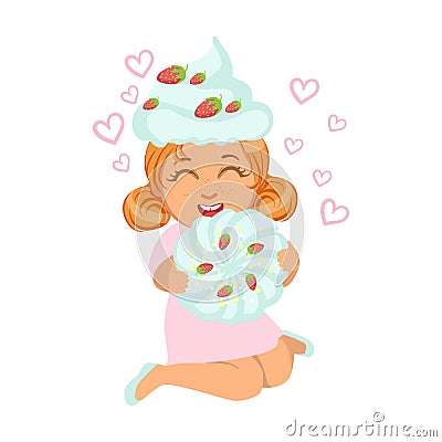 Small girl sitting and laughing in a marshmallow cap, holding a souffle in her hands, a colorful character Vector Illustration