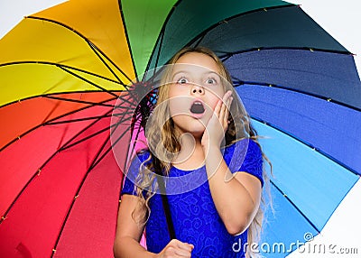 Small girl with umbrella rainy day weather. Little girl with umbrella. Autumn fashion. Stay positive though autumn rain Stock Photo