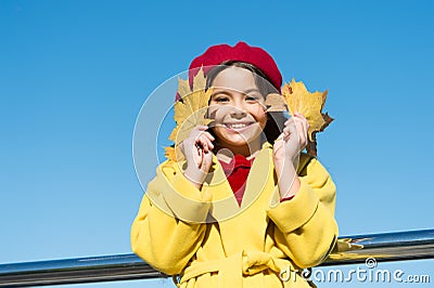 Small girl wear fall outfit outdoors. Autumn bucket list. Smiling kid collecting memories. Farewell to autumn. Last Stock Photo