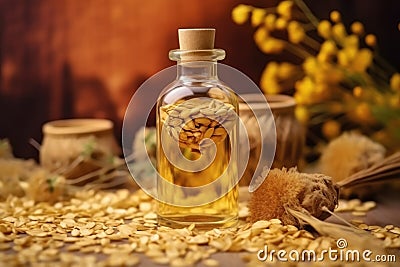 A small glass bottle with a cork stopper with sesame oil Stock Photo