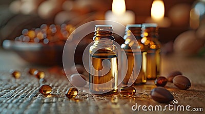 A small glass bottle filled with radiant golden Argan essential oil, complemented by brown Argan nuts and capsules, highlighting Stock Photo