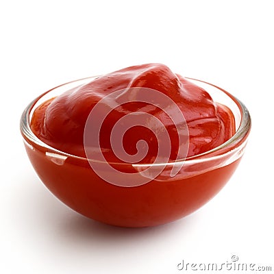 Small glass condiment bowl of red tomato sauce ketchup. Stock Photo