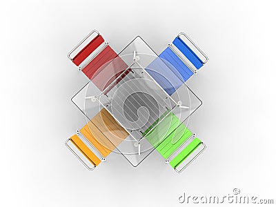 Small glass dining table with colorful chairs - top view Stock Photo
