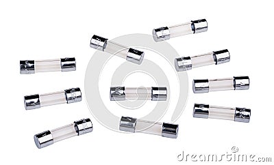 Small glass electrical fuses with fusible metal wire isolated on white background Stock Photo