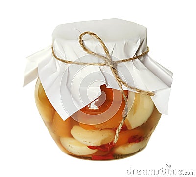 Small glass jar with pickled veg Stock Photo