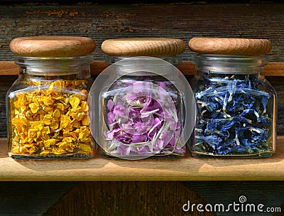 Small glass jars with colored flowers Stock Photo