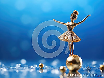 Small gold ballerina figure standing on top of blue and white Christmas ornament. She is positioned in center Stock Photo