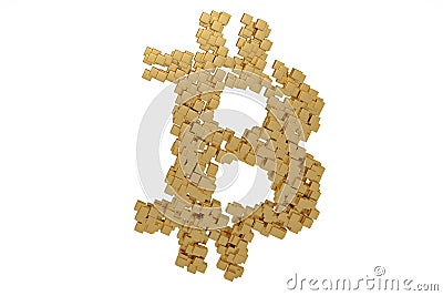 Small gold blocks build up to form the bitcoin symbol.3D illustration. Cartoon Illustration