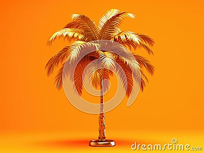 Small, golden palm tree standing on an orange background. It is positioned in center of frame and appears to be quite Stock Photo
