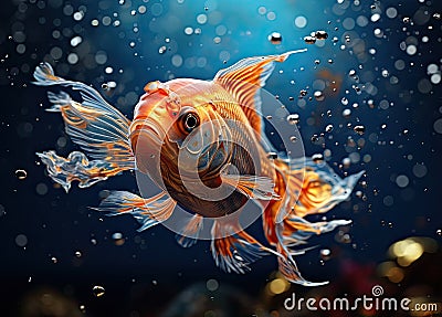 A small goldfish swims in the water with bubbles. Generated by AI Stock Photo