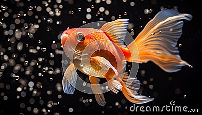 Small Goldfish and Water Bubbles on Black Background - Subtle Elegance - Generative AI Cartoon Illustration