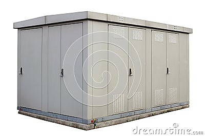 Small gray closed metal shed with electrical equipments isolated Stock Photo