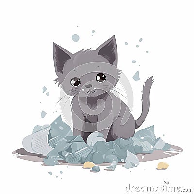 a small gray kitten sitting on top of a pile of trash next to a book and a pile of paper on the floor with a white background Stock Photo