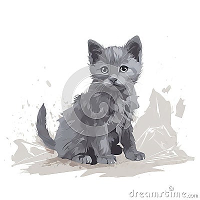 a small gray kitten sitting on top of a white floor next to a pile of trash and looking at the camera with a sad look on its face Stock Photo