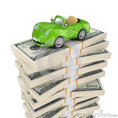 Small green car on a big pack of dollars. Stock Photo