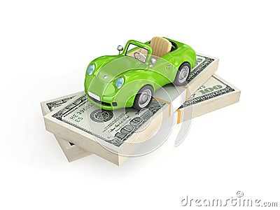 Small green car and dollar packs. Stock Photo
