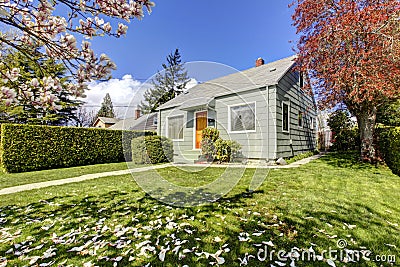 Small green house exterior with spring blooming trees. Stock Photo