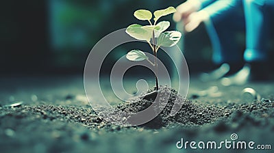 A small green plant sprouting from the soil, with a hand in the background, suggesting nurture and potential for life Stock Photo