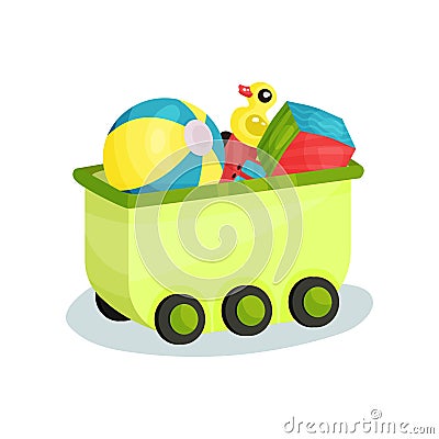 Small green wagon full of children toys. Inflatable ball, rubber duck, cube and car. Flat vector element for poster or Vector Illustration