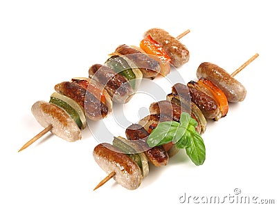 Small grilled Sausages Skew - Isolated Stock Photo