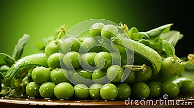 A small group green peas on a green background Stock Photo