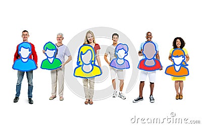 Small group of people holding avatars Stock Photo