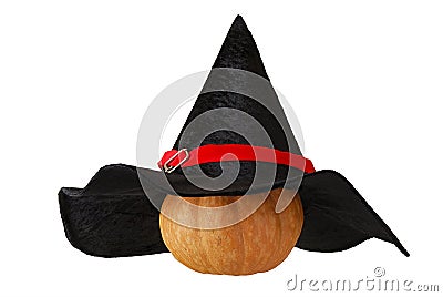 Small Halloween pumpkin in witch hat Stock Photo