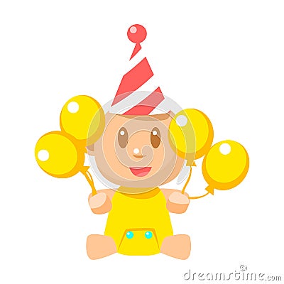 Small Happy Baby In Birthday Party Hat With Yellow Balloons Vector Simple Illustrations With Cute Infant Vector Illustration