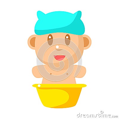 Small Happy Baby Taking Bath In Blue Bathing Hat Vector Simple Illustrations With Cute Infant Vector Illustration