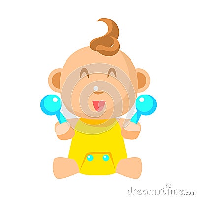 Small Happy Baby In Yellow Onesie With Two Toy Shakers Vector Simple Illustrations With Cute Infant Vector Illustration