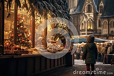 Small happy child looking at decoration in a shop Christmas Market and Enjoying of a charming holidays Stock Photo