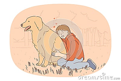 Smiling girl hug big dog enjoy walk with pet Vector Illustration