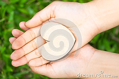 Small Heart in women`s hands on natural background. Stock Photo