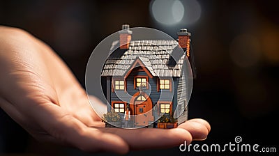 A small house in hand as a real estate concept of affordable housing. Stock Photo